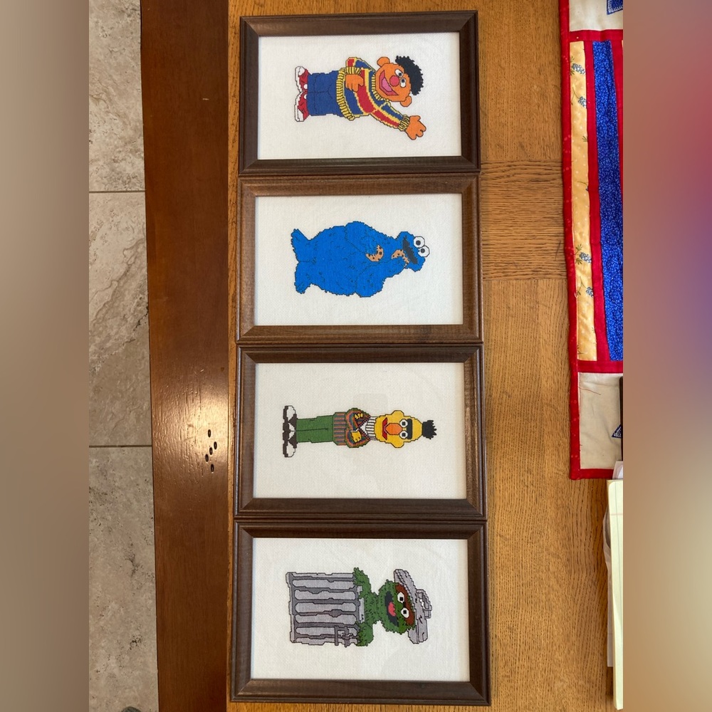 Framed Sesame Street cross stitch/needle point set from the 80’s.
